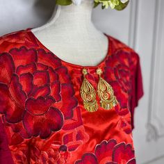 Frida Blouse - Butterfly Sleeve Spring Wedding Tops With Embroidered Neckline, Traditional Wedding Top With Embroidered Neckline, Festive Traditional Tops With Tonal Embroidery, Traditional Tops With Tonal Embroidery For Festive Occasions, Traditional Embroidered Celebration Top, Traditional Embroidered Top For Celebration, Bohemian Red Blouse For Traditional Ceremonies, Mexican Themed Party, Gauze Skirt