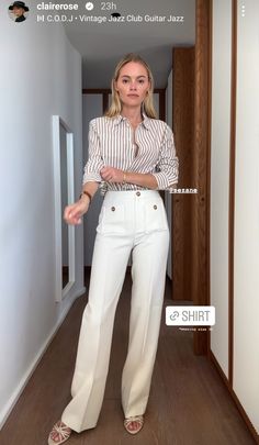 White Pants Formal Outfit Women, Greige Pants Outfit, Old Money Pants Woman, White Dress Pants Outfit Classy, Beige Work Pants Outfit, Beige Striped Shirt Outfit, White Pants Work Outfit, Coat Outfit Casual, Long Coat Outfit