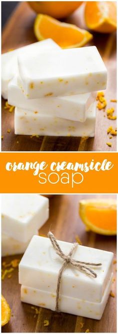 orange creamsice soap on a cutting board with slices of oranges in the background