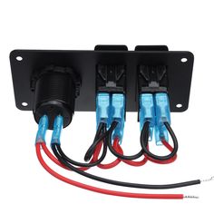 three wires connected to the back of a wall mounted light fixture with two red and one blue