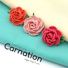 three pink and red flowers are on top of a white pillow with the words, miniatureture carnation