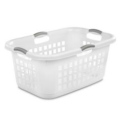 a white plastic basket with handles on the front and bottom, sitting against a white background