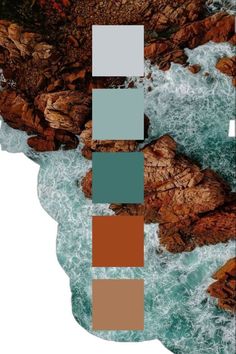 an image of the ocean with rocks and water in color palettes on it's side