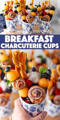 breakfast charcuterie cups in blue and white dishes