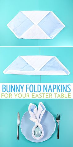 the instructions for how to fold napkins on top of an empty plate with fork and knife