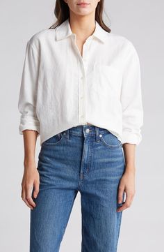 Madewell Linen Blend Boy Shirt | Nordstromrack Long Sleeve Cotton Top For Daywear, Cotton Long Sleeve Top For Daywear, Casual Fitted Shirt With Shirttail Hem, Button-up Cotton Tops For Daywear, Fitted Everyday Shirt, Relaxed Long Sleeve Cotton Shirt, Effortless Long Sleeve Cotton Blouse, Effortless Relaxed Fit Top With Shirttail Hem, Relaxed Fit Shirttail Hem Tops For Casual Gatherings