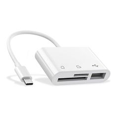 an image of a white charger with two usb cables