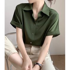 Olivia Mark - Vintage Chic Short Sleeve Silk Satin Shirt in Matcha Green Green Short Sleeve Office Blouse, Green Short Sleeve Blouse For Office, Green Collared Top For Office, Green Solid Color Shirt For Office, Green Solid Color Office Shirt, Green Summer Tops For Office, Casual Green Office Blouse, Green Short Sleeve Top For Work, Casual Khaki Office Top