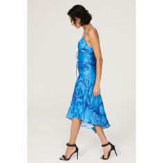 Blue printed satin (65% Viscose, 35% Silk). Slip. Sleeveless. V-neck. Side zipper closure. 53" from shoulder to hemline. Imported. Elegant Printed Satin Dress, Sleeveless Satin Printed Dress, Blue Satin Midi Dress For Spring, Blue Sleeveless Satin Dress For Spring, Blue Satin Dress With Spaghetti Straps For Summer, Elegant Printed Midi Dress With Spaghetti Straps, Sleeveless Satin Dress For Formal Summer Events, Sleeveless Printed Slip Dress For Party, Blue Midi Satin Dress For Spring