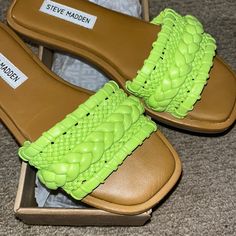 Cute Lime Green Sandals, Brand New Never Worn. Synthetic Slip-on Sandals For Summer Outings, Green Open Toe Sandals With Woven Sole, Trendy Closed Toe Synthetic Sandals, Spring Green Sandals With Woven Sole, Trendy Synthetic Slides With Flat Heel, Trendy Closed Toe Synthetic Slides, Trendy Synthetic Flat Heel Slides, Trendy Green Flats For Spring, Casual Green Open Toe Flats