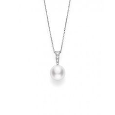 Give your look a touch of pure class with this Mikimoto pendant necklace from the South Sea collection. The creamy white of this single 14mm pearl has an ethereal effect, and three diamonds sparkle from the bail that floats this beauty along an adjustable chain of 18kt white gold links. This Mikimoto pendant is a timeless piece that can be worn for generations. Luxury White Diamond Necklace With Pearl Chain, White Diamond Necklace With Pearl Chain, White Pearl Diamond Necklace With Pearl Chain, Timeless White Necklace With Diamond Accents, Classic White Diamond Necklace With Pearl Chain, Modern White Necklaces With Pearl Charm, Modern White Necklace With Pearl Charm, Classic Diamond White Pearl Pendant Necklace, White Akoya Pearl Round Pendant Necklace