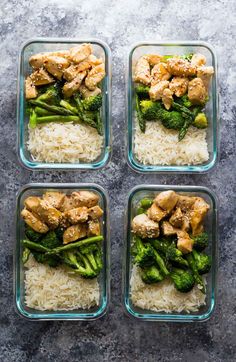 four glass containers filled with rice, broccoli and chicken