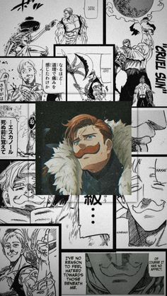 an anime storyboard with many different pictures and words on it, including one man's face