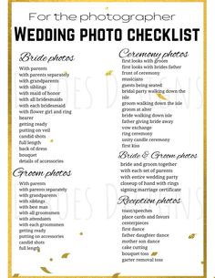 a wedding photo checklist with gold confetti