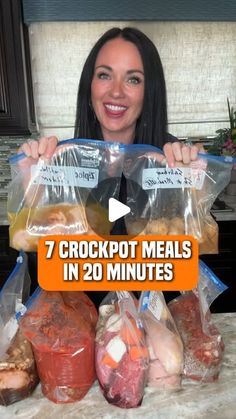 a woman is holding up some food in her hands with the words 7 crockpot meals in 20 minutes