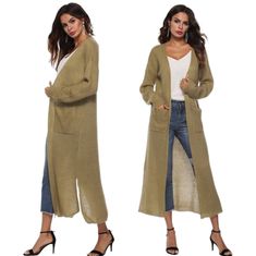 **New In Package** Women's Boho Knit Crochet Duster Open-Front Cardigan! Features: - Size: Various - Color: Kahki / Tan - Long-Sleeve - Duster Length - Stretchy And Lightweight - 100% Acrylic - Unbranded - See Photos For Details! Note, Approximte Measurements From A Size Large Laying Flat: P2p = 21", Length = 51" Feel Free To Message Me With Questions! Bundle Up To Save!!! Check Out My Closet For More Items! Stylish Knitwear, Pullover Mode, Styles Summer, Gilet Long, Long Coat Women, Winter Cardigan, Stylish Sweaters, Long Sweaters Cardigan, Button Cardigan