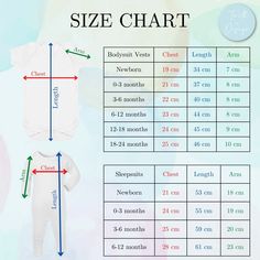 the size chart for a baby's bodysuit with measurements and measurements on it