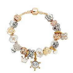 PRICES MAY VARY. Elegant Gold Rhinestone color 19CM Heart Charms paired with gold to make up the perfect Pandora inspired style bracelet. 11 beautiful charms included Bracelet Rose Gold creates an eye-catching, dynamic look when added as embellishment to this beautiful piece of jewelry. Hand Jewelry crafted in a slim but sturdy design, this high quality charm bracelet is sure to last long without ageing and fading away. Clasp closure ensures security and convenience on the go for your literally Gold Snake Chain, Charms Pandora, Snowflake Pendant, Silver Bead Bracelet, Pandora Bracelet Charms, Gold Charm Bracelet, Bohemian Bracelets, Crystal Beads Bracelet, Pandora Charm