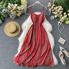 Red V-neck Chiffon Dress, V-neck Chiffon Maxi Dress With Print, Printed Chiffon V-neck Maxi Dress, Red Chiffon V-neck Dress, Red Chiffon V-neck Maxi Dress, Beach Sundress With V-neck In Chiffon, Beach Sundress In V-neck Chiffon, Red Chiffon Dress For Beach, Multicolor V-neck Chiffon Dress For Vacation