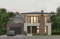 an artist's rendering of a two story house with garage and car parked in front