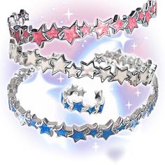 This product comes with the option to choose between a bracelet and a ring, each available in three colors: blue, pink, and white. They are adorned with enamel-decorated star arrangements. These accessories are perfect for adding a touch of whimsical charm to any outfit, and are a must-have for anyone who loves kawaii fashion.  Option 1: A ring.  Option 2: A bracelet.  The price is for a ring/bracelet only, others are not included. Trendy Silver Enamel Jewelry, Enamel Star Charm Jewelry, White Star-shaped Metal Jewelry, Adjustable Pink Enamel Jewelry, Multicolor Star Charm Bracelet, Male Steampunk, Three Colors Blue, Steampunk Fashion Female, Steampunk Fashion Male