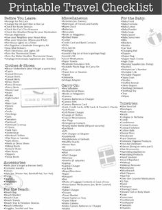 the printable travel checklist is shown in black and white, with an image of a