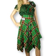 Highland Kilt Pixie Skirt Irish Tara/Murphy Tartan - Highland Kilt Company Fitted Asymmetrical Green Skirt, Green Asymmetrical Fitted Skirt, Asymmetrical Green Skirt For Festival, Green Asymmetrical Skirt For Festival, Bohemian Asymmetrical Fitted Skirt, Whimsical Skirt, Pixie Skirt, Tartan Skirt, We Are Festival