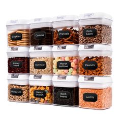 a set of twelve plastic containers filled with different types of cereals and crackers