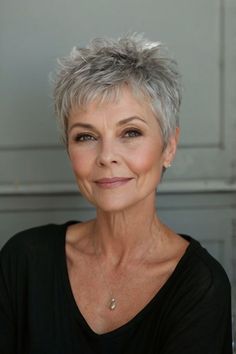 Short Hair Women Fine Hair, Cute Pixie Haircuts For Fine Hair, Short Pixie With Long Bangs, Grey Pixie Haircut Older Women, Senior Hairstyles Older Women, Short Spikey Hair For Women Over 50, Short Grey Hair Over 60, Short Haircut Styles For Women, Thick Hair Pixie Cut