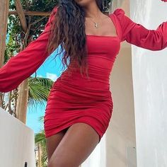 red dress puff shoulder ruched dress square neckline short dress puff shoulder tight dresses #rucheddress #ruchdress #tightdress #puffshoulder #scrunchdress Ruched Bodycon Dress, Ruched Dress, Square Neckline, Short Dress, Daily Fashion, Square Neck, Evening Gowns, Gowns Dresses, Red Dress