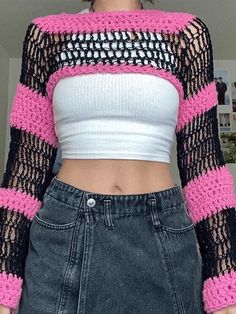 Hollow Out Striped Long Sleeve Bolero Knit Top - AnotherChill Crochet Inspiration Clothes, Crochet Kuromi, Preppy Aesthetic Outfits, Crochet Tee, Crochet Sleeves, Sleeve Bolero, Bolero Top, Street Y2k, Crochet T Shirts