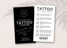 a black and white business card with the words tattoo on it, next to an image of a palm tree