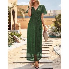 Green Sequined V Neck Split Evening Dress Green Short Sleeve Maxi Dress For Party, Spring Sequin Maxi Dress With Short Sleeves, Split Maxi Dress, Split Dress, Pleated Maxi Dress, Pleated Maxi, Maxi Dress Green, Women Maxi, Heat Styling Products