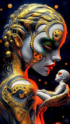 a painting of a woman holding a baby in her arms with gold and white makeup