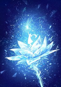 a blue flower is surrounded by sparkles and confetti on a dark background