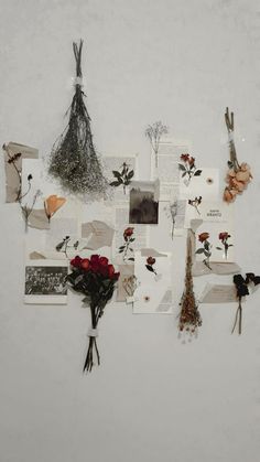 an arrangement of flowers and papers on a wall