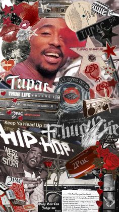 a collage of various images with the words hip hop written on them and an image of a man's face