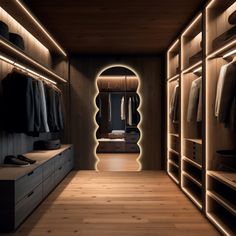 a walk in closet with wooden flooring and illuminated lighting on the walls, along with an arched mirror