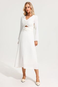 None White Long Sleeve V-neck Dress For Brunch, White V-neck Dress For Brunch, Dramatic Silhouette, Resort Dresses, School Season, Dress Spring, Sleeve Maxi Dress, Long Sleeve Maxi, Daily Dress