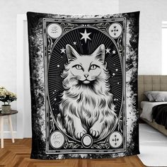 Tarot Card Occult Cat Witchy Blanket-MoonChildWorld Witchy Blanket, Gothic Blanket, Moon Blanket, Mystical Symbols, Blanket Halloween, Witchy Home, Witchy Home Decor, Halloween Blanket, Blanket Cozy