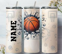 three personalized tumblers with basketballs on them