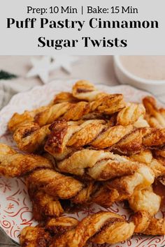 puff pastry cinnamon sugar twists on a red and white plate with the title overlay