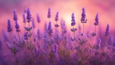 lavender flowers in the foreground with an orange and pink sky behind them