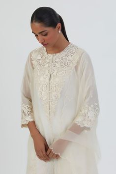 Ivory chanderi kurta with thread embroidery. Comes with silk pant. - Aza Fashions Silk Pant, Thread Embroidery, Silk Pants, Fashion App, Pant Set, Set For Women, Aza Fashion, Three Quarter, Pants Set