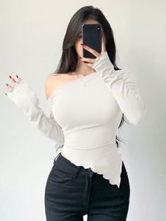 Women's Asymmetrical Shoulder Lettuce Trim Fit Ruched T-Shirt White Casual  Long Sleeve Rib knit Plain  Slight Stretch  Women Clothing, size features are:Bust: ,Length: ,Sleeve Length: Shein Dazy Outfits, Tops For Big Chest, Cute Comfy Outfits, Really Cute Outfits, College Fashion, Cosplay Outfits, Kpop Outfits, White Casual, Beautiful Outfits