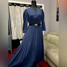 Maxi Dress Long Sleeve Satin / Silk Long Sleeve Dress In Navy Blue Medium New Pleated Design Belt Not Included Blue Pleated Maxi Dress For Fall, Classic Blue V-neck Dress, Fitted Blue Pleated Maxi Dress, Blue Pleated Office Dress, Silk Long Sleeve Dress, Sparkly Formal Dress, Ivory Maxi Dress, Sparkly Gown, Maxi Dress Long Sleeve