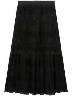 jet black ruffled detailing tiered skirt elasticated waistband high-waisted ruffle hem mid-length Frilly Skirt, Midi Skirt Black, Tiered Midi Skirt, Versace Outfit, Yoko London, Black Midi Skirt, Black Ruffle, Tiered Skirt, Long Black