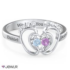 An adorable gift for a new Mom, this ring features sparkling birthstones set within a delicate heart and cushioned between tiny feet. Personalize with your choice of round-cut gemstones or Brilliance cubic zirconia to represent baby and Mom or siblings. Design in sterling silver, white, yellow, or rose gold and add a base engraving for a sentimental touch. Personalized White Heart Cut Ring, Personalized Heart Birthstone Ring In Sterling Silver, Personalized Heart Cut Birthstone Ring For Mother's Day, Personalized Heart Cut Birthstone Ring For Gift, Personalized Heart-shaped Silver Birthstone Ring, Personalized Heart Cut Birthstone Ring As Gift, Personalized Silver Heart-shaped Birthstone Ring, Personalized White Gold Birthstone Ring For Mother's Day, Personalized Diamond Heart Ring For Gift