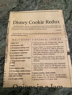 an old disney cookie redux recipe is on the counter next to it's instructions