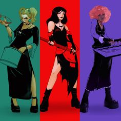 three different colored images of women with instruments and hair styles, one is holding a laptop